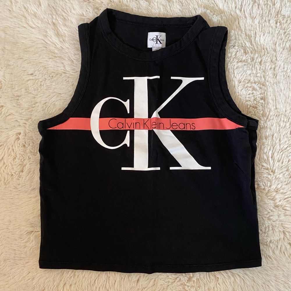 Calvin Klein Jeans Black Crop Tank Top - Sleeveless Logo Muscle Tee XS